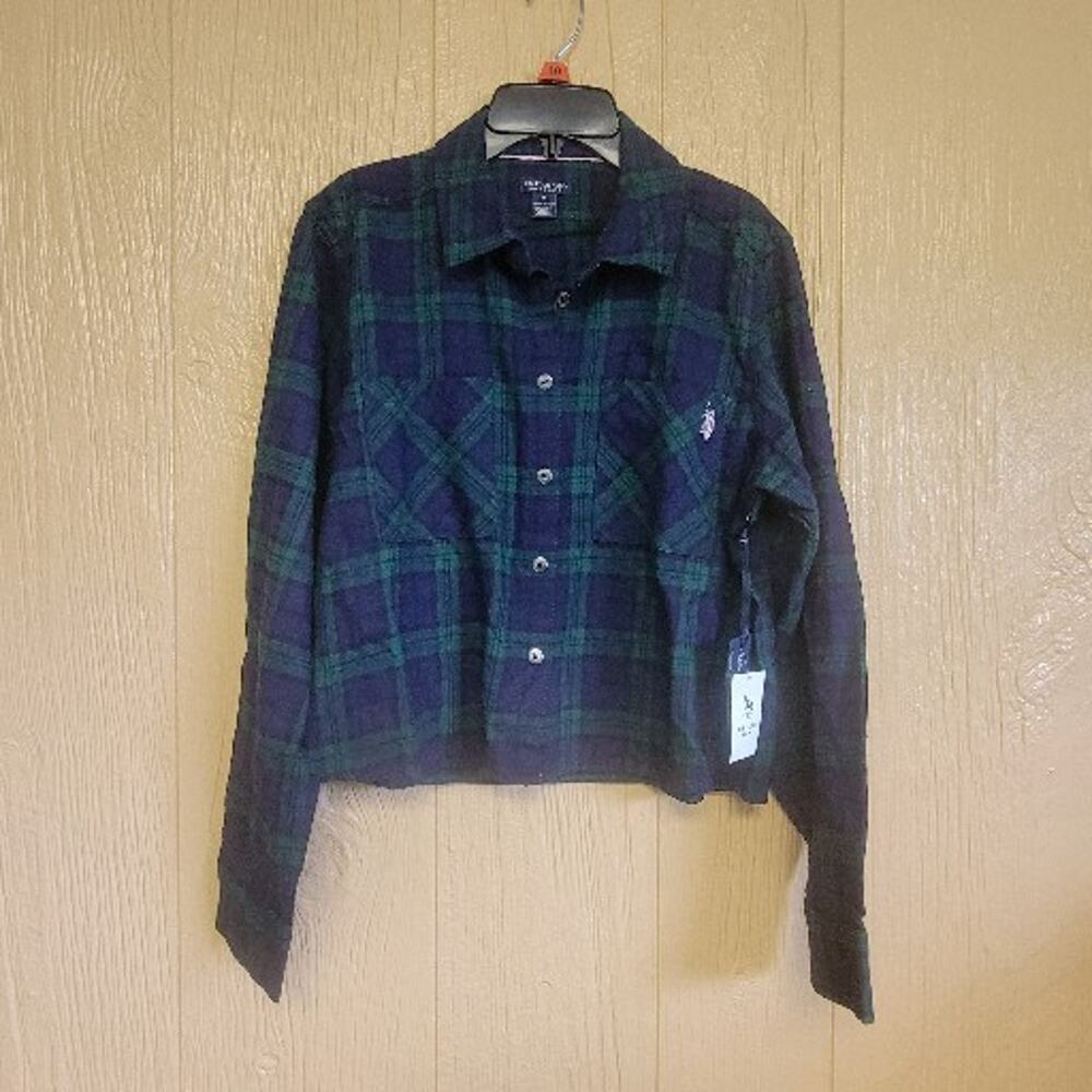 U.S. Polo Assn. Plaid Blue & Green Womens Cropped Flannel sz Medium NWT